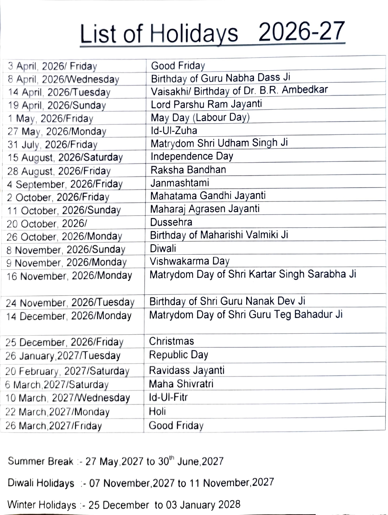 List Of Holidays 2026 - 27
